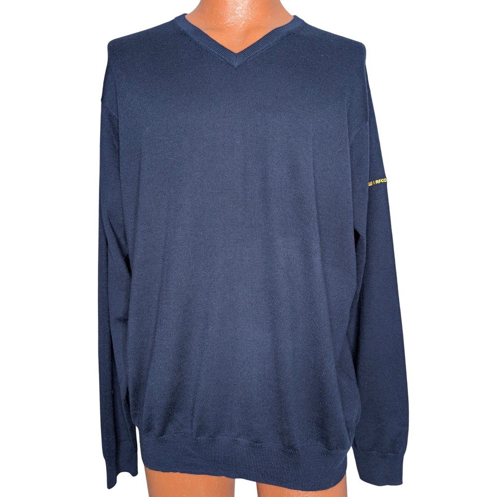 Peter Millar Merino Wool Sweater Men Large V Neck‎ Navy Blue Classic Minimalist